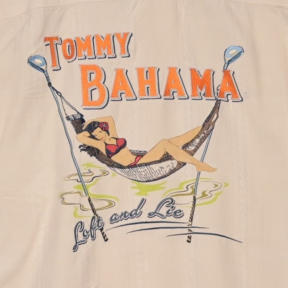 Tommy Bahama Shirt Embroidered 100% Silk L Bikini Girl Beach Resort Cruise Golf